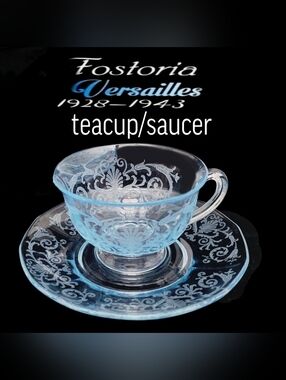Vintage Fostoria Versailles Azul Blue Etched Teacup & Saucer